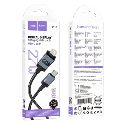 USB-C til Lightning Data- og Ladekabel HOCO X118 Display, 27W, 1m, Svart