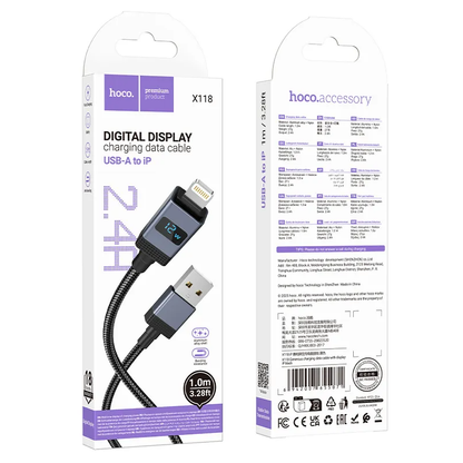 USB-A - Lightning Lade- og Datakabel HOCO X118 Display, 12W, 1m, Svart