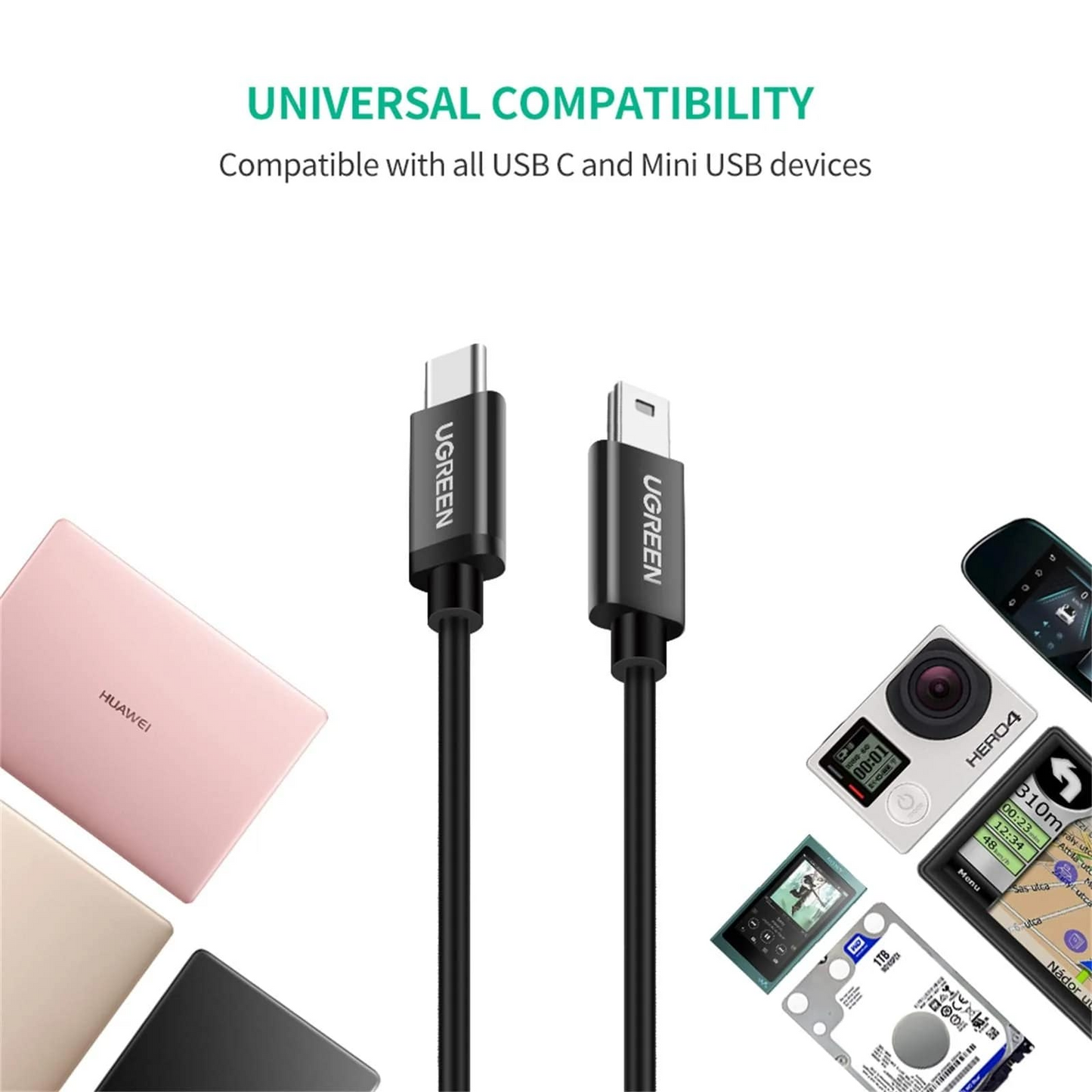 USB-C til miniUSB UGREEN US242 data- og ladekabel, 18W, 1m, Svart