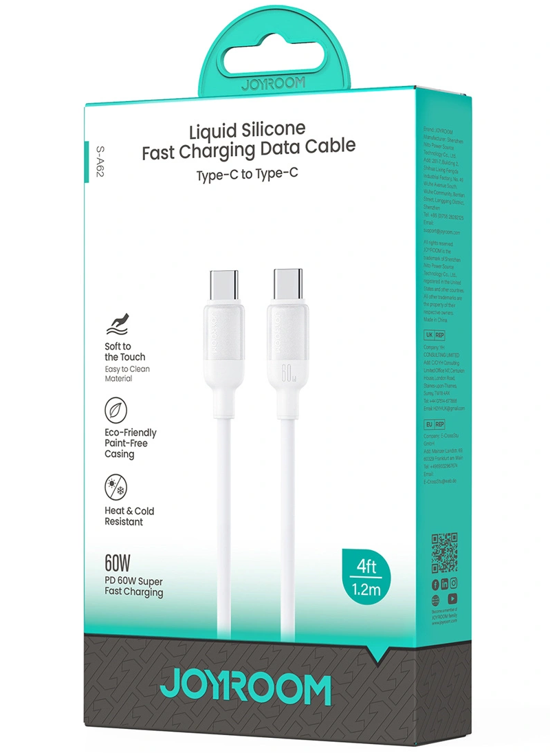 USB-C Data- og ladekabel - USB-C Joyroom S-A62 Lively, 60W, 1,2m, Hvit