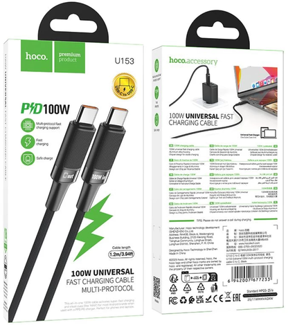 USB-C Data- og ladekabel - USB-C HOCO U153 Extreme, 100W, 1,2m, Svart