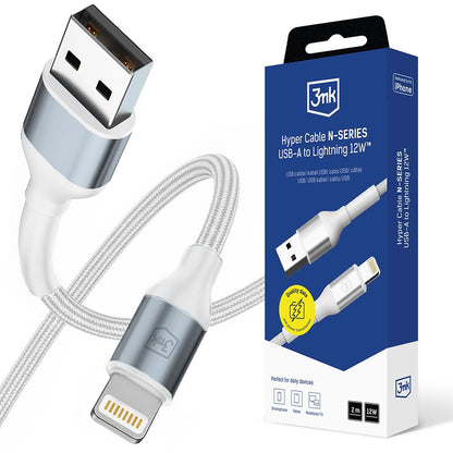 Data- og ladekabel USB-A - Lightning 3MK Hyper N, 12W, 2m, Hvit