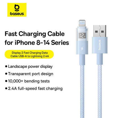 Data- og ladekabel USB-A - Lightning Baseus Display 2, 12W, 2m, Blå P10382700311-01