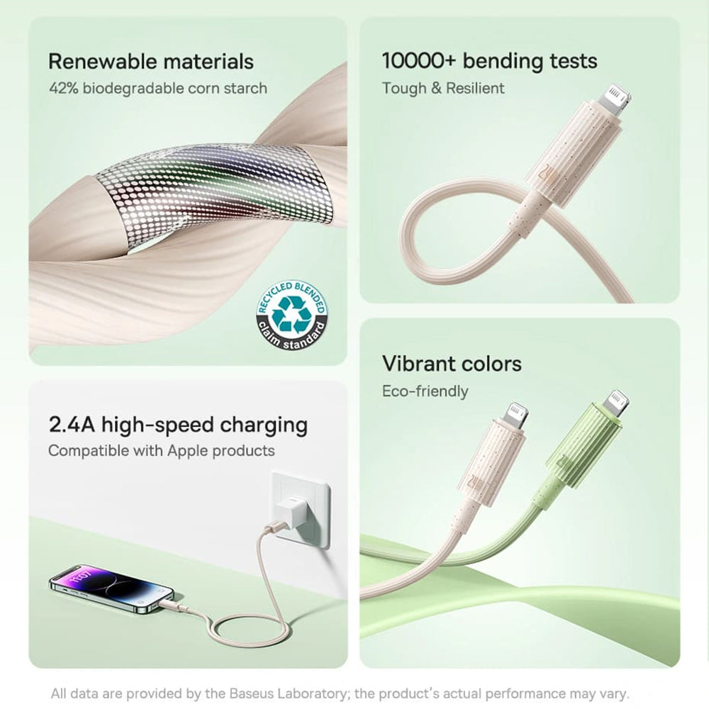 Data- og ladekabel USB-A - Lightning Baseus Habitat, 18W, 2m, Grønn P10360200631-01