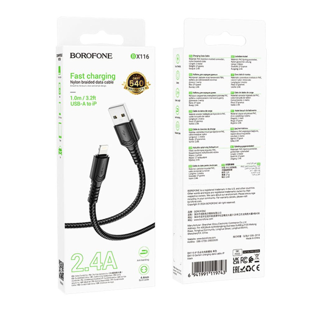 Data- og ladekabel USB-A - Lightning Borofone BX116 Certain, 18W, 1m, Svart