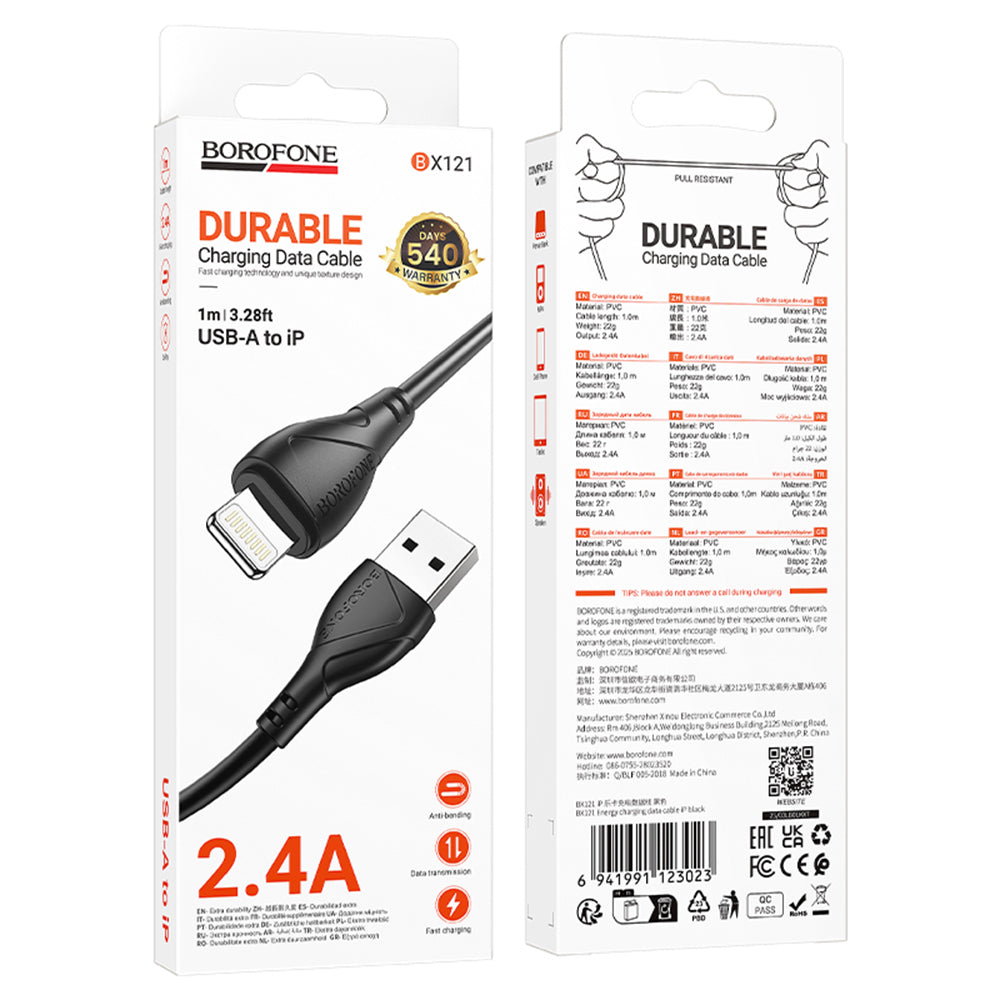 USB-A - Lightning Lade- og Datakabel Borofone BX121 Energy, 18W, 1m, Svart