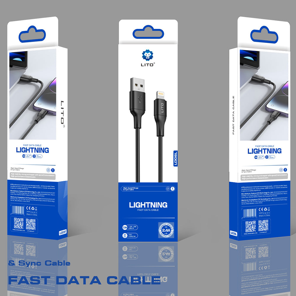 Data- og ladekabel USB-A - Lightning Lito LD06L, 18W, 1m, Svart