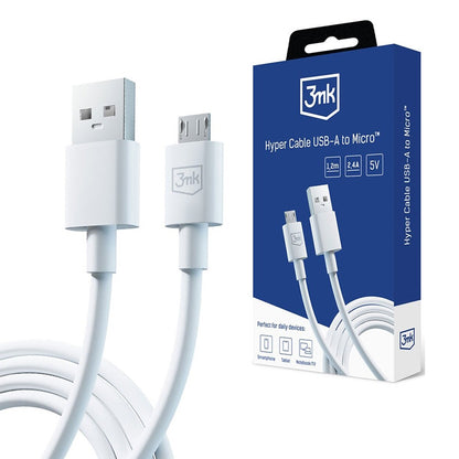 USB-A - microUSB 3MK Hyper data- og ladekabel, 18W, 1.2m, Hvit