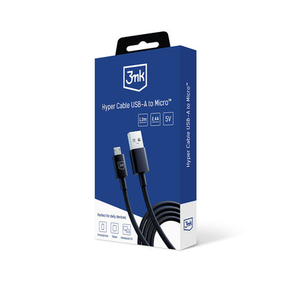 USB-A - microUSB 3MK Hyper data- og ladekabel, 18W, 1.2m, Svart