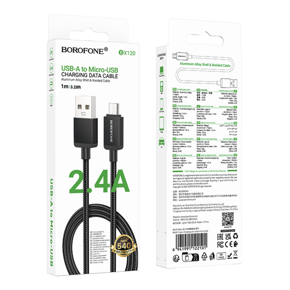 USB-A - microUSB data- og ladekabel Borofone BX120 Placer, 18W, 1m, Svart