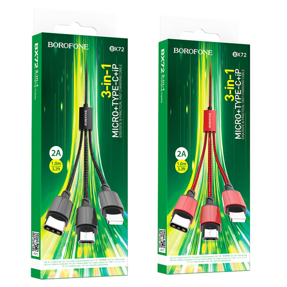 Ladekabel USB-A - Lightning / microUSB / USB-C Borofone BX72, 18W, 1m, Svart