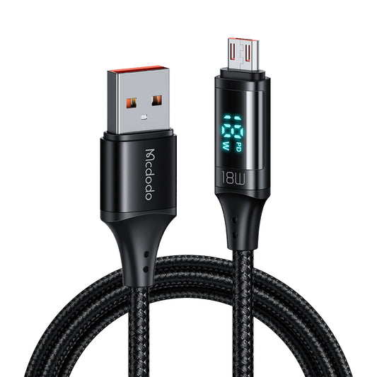 USB-A - microUSB McDodo CA-1070 Display data- og ladekabel, 18W, 1.2m, Svart