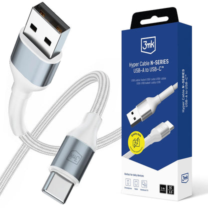 Data- og ladekabel USB-A - USB-C 3MK Hyper N, 18W, 1m, Hvit