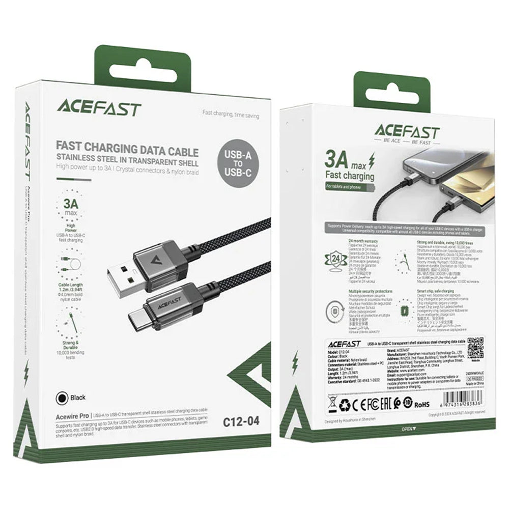 USB-A til USB-C data- og ladekabel Acefast C12-04, 18W, 1.2m, Svart