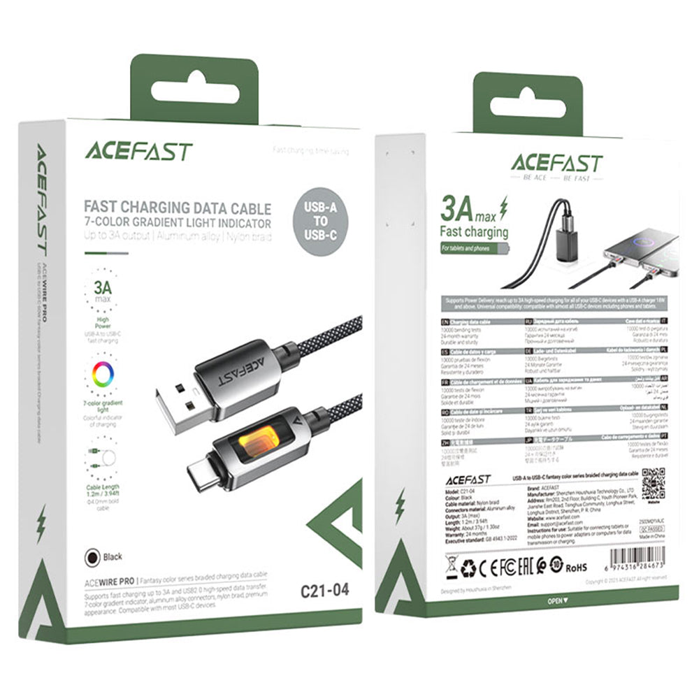 Data- og ladekabel USB-A - USB-C Acefast C21-04, 18W, 1.2m, Svart