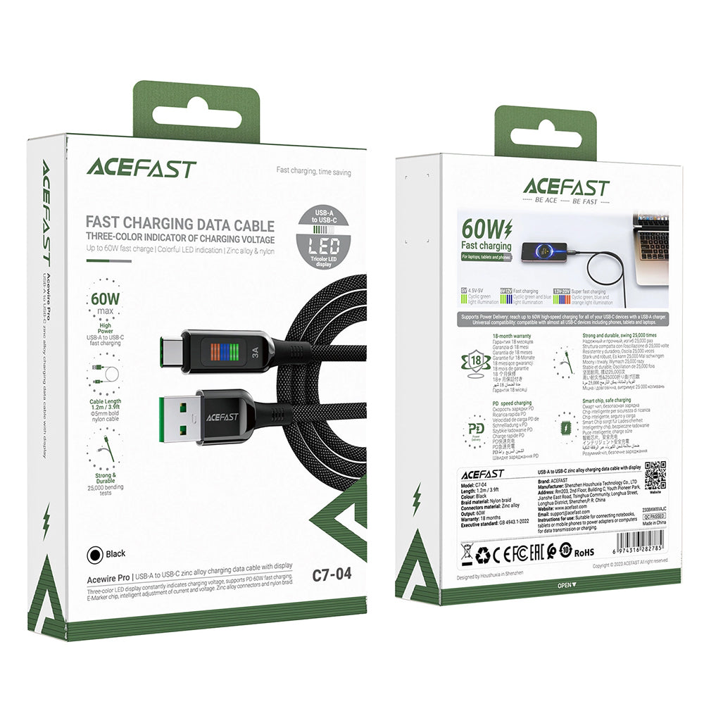 USB-A - USB-C Acefast C7-04 data- og ladekabel, 18W, 1.2m, Svart