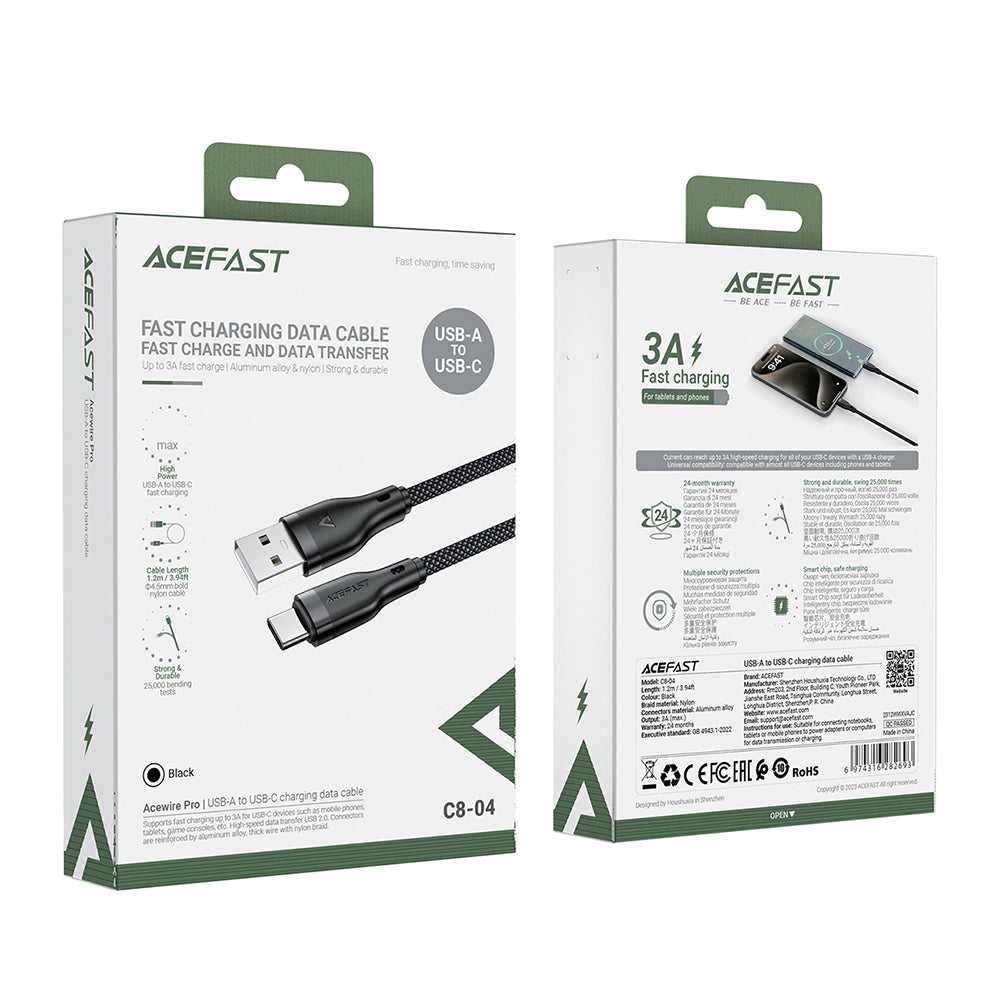 Data- og ladekabel USB-A - USB-C Acefast C8-04, 18W, 1.2m, Svart