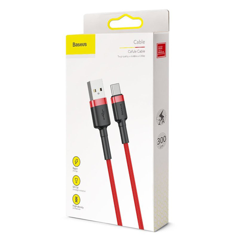 Data- og ladekabel USB-A - USB-C Baseus Cafule, 18W, 3m, Rød CATKLF-U09