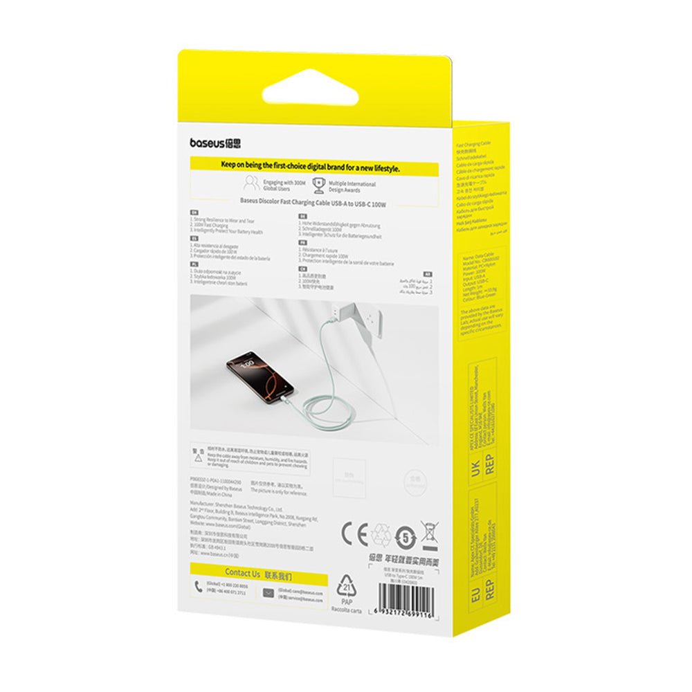 Data- og ladekabel USB-A - USB-C Baseus Discolor, 100W, 1m, Blågrønn E0420801