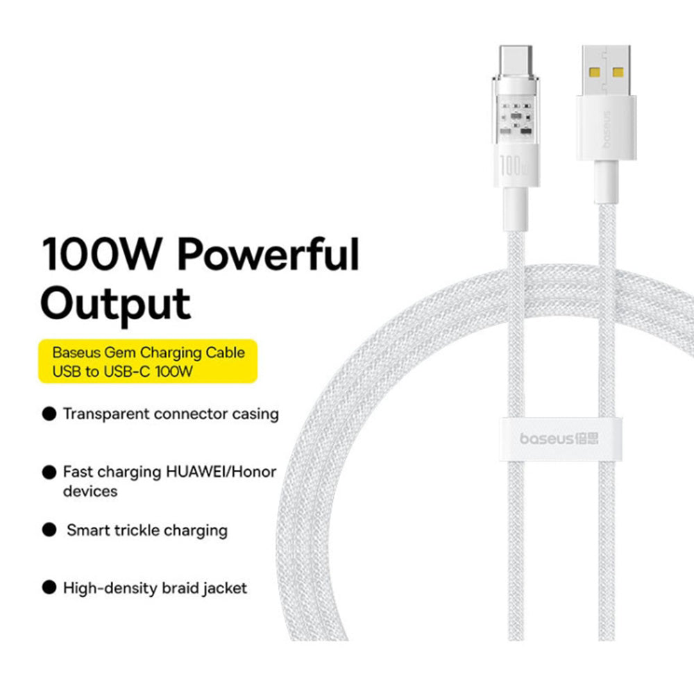 Data- og ladekabel USB-A - USB-C Baseus Gem, 100W, 1m, Hvit P10373002211-00