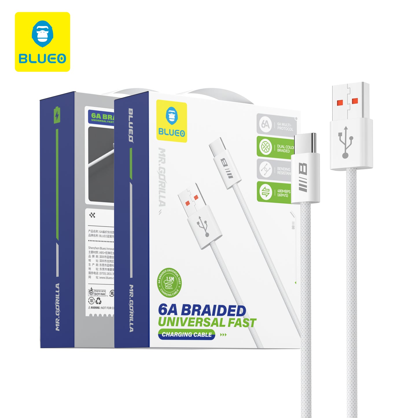 USB-A - USB-C Blueo data- og ladekabel, 18W, 1.5m, Hvit