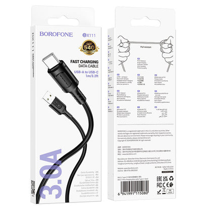 Data- og ladekabel USB-A - USB-C Borofone BX111 Feliz, 20W, 1m, Svart