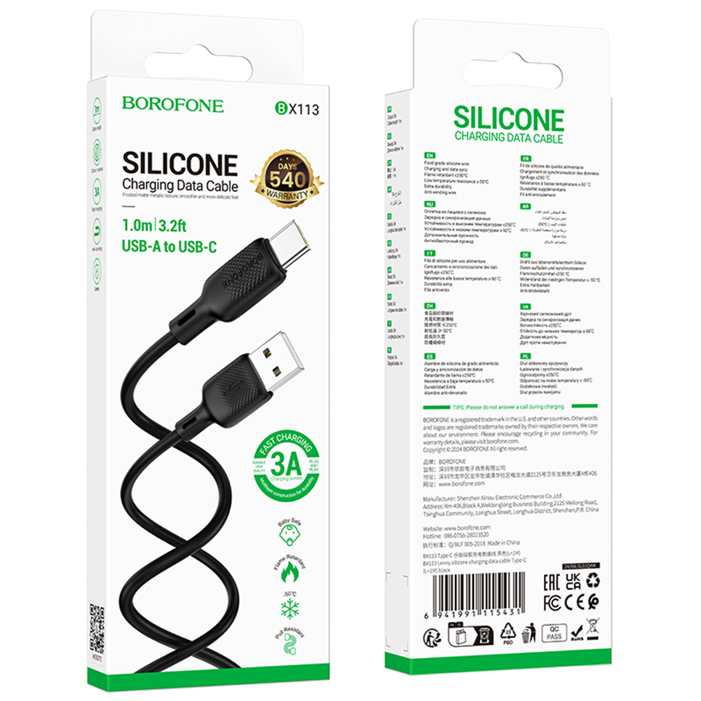 USB-A - USB-C data- og ladekabel Borofone BX113 Lenny, 18W, 1m, Svart