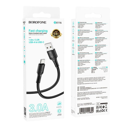 Data- og ladekabel USB-A - USB-C Borofone BX116 Certain, 18W, 1m, Svart