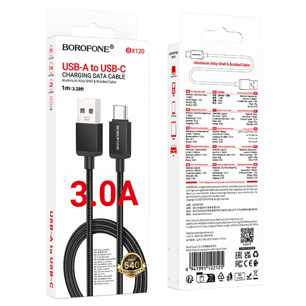 Data- og ladekabel USB-A - USB-C Borofone BX120 Placer, 18W, 1m, Svart