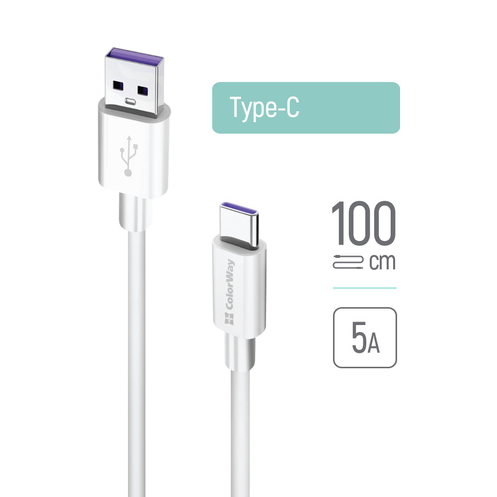 Data- og ladekabel USB-A - USB-C ColorWay CW-CBUC019, 18W, 1m, Hvit