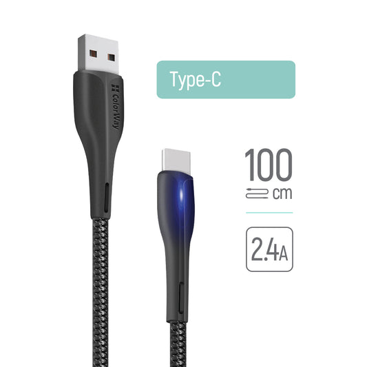 Data- og ladekabel USB-A - USB-C ColorWay CW-CBUC034, 18W, 1m, Svart