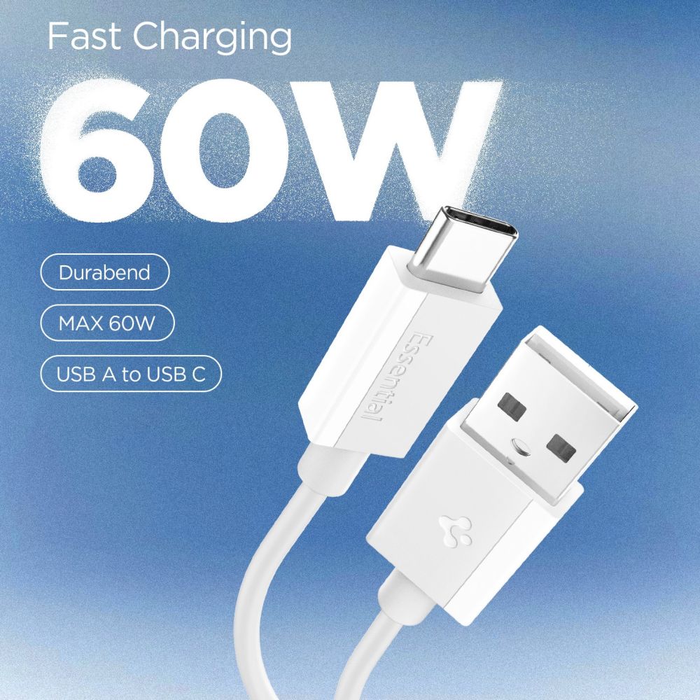 Data- og ladekabel USB-A - USB-C Spigen Essential, 60W, 1m, Hvit ACA08715