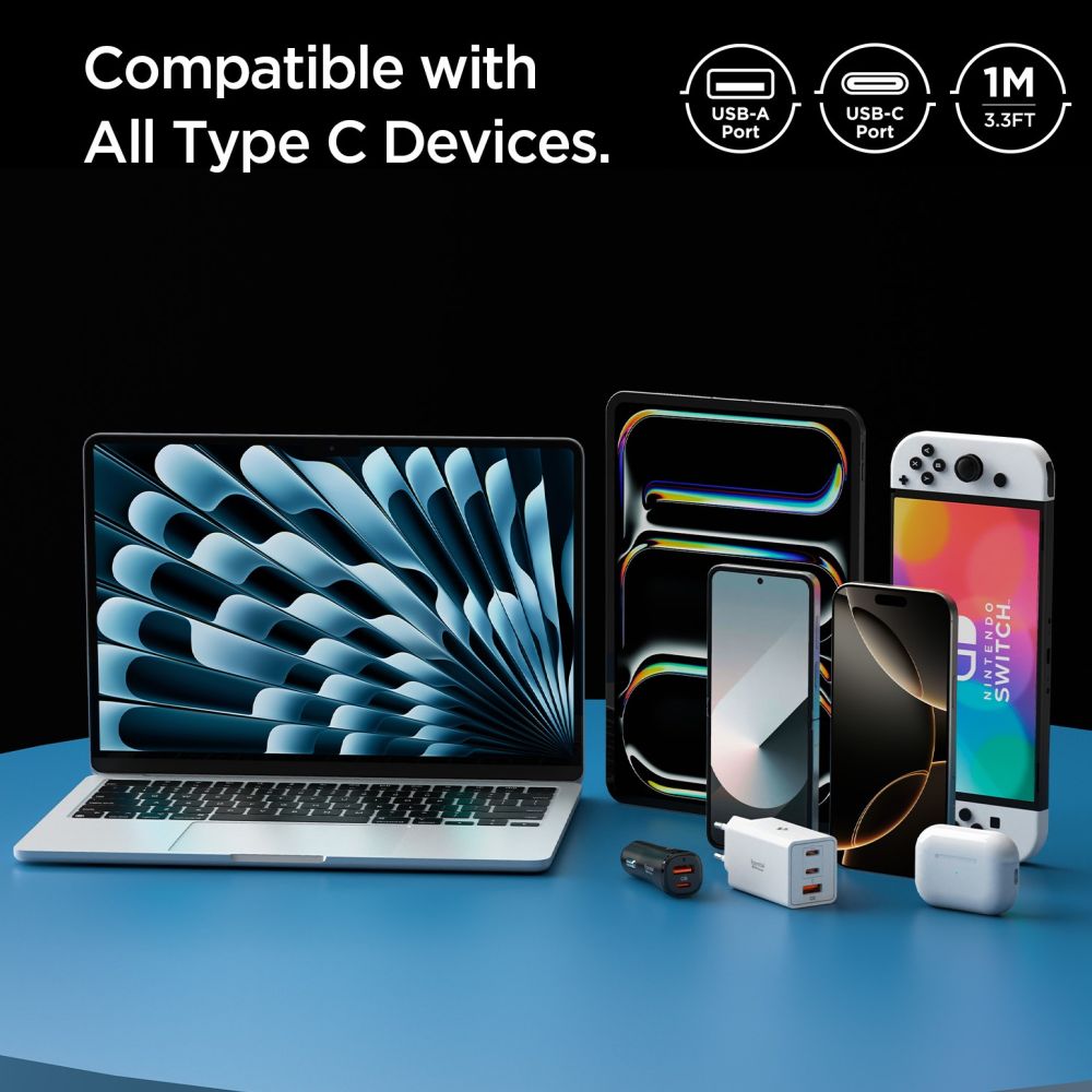 Data- og ladekabel USB-A - USB-C Spigen Essential, 60W, 1m, Hvit ACA08715