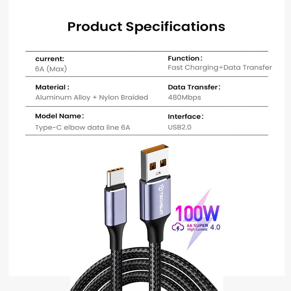 Data- og ladekabel USB-A - USB-C Techsuit PCB018, 100W, 1m, Svart