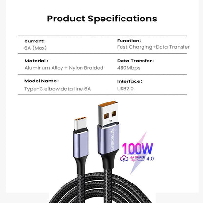 Data- og ladekabel USB-A - USB-C Techsuit PCB018, 100W, 1m, Svart