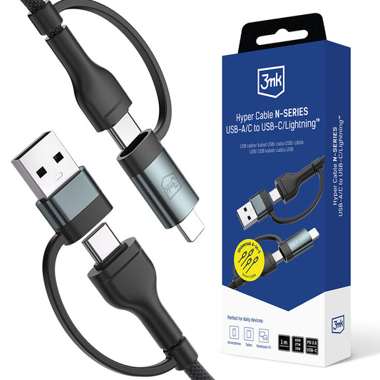 USB-A / USB-C - USB-C / Lightning 3MK Hyper N data- og ladekabel, 60W, 1.2m, Svart