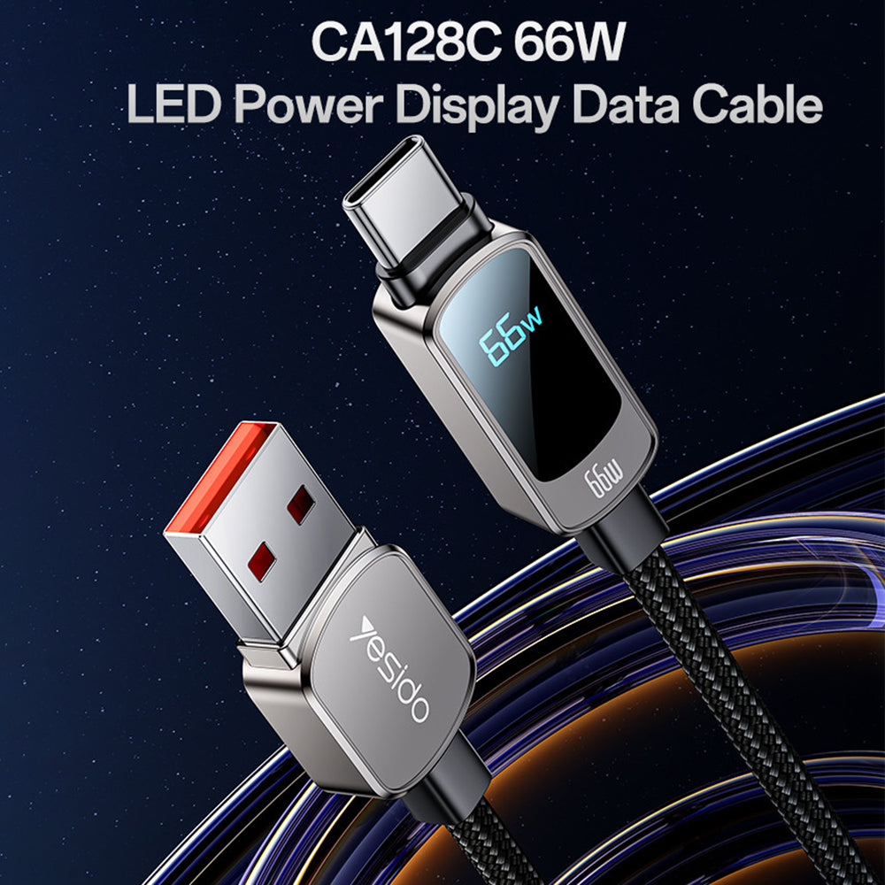 USB-A til USB-C data- og ladekabel Yesido CA128C Display, 66W, 1.2m, Svart