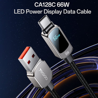 USB-A til USB-C data- og ladekabel Yesido CA128C Display, 66W, 1.2m, Svart