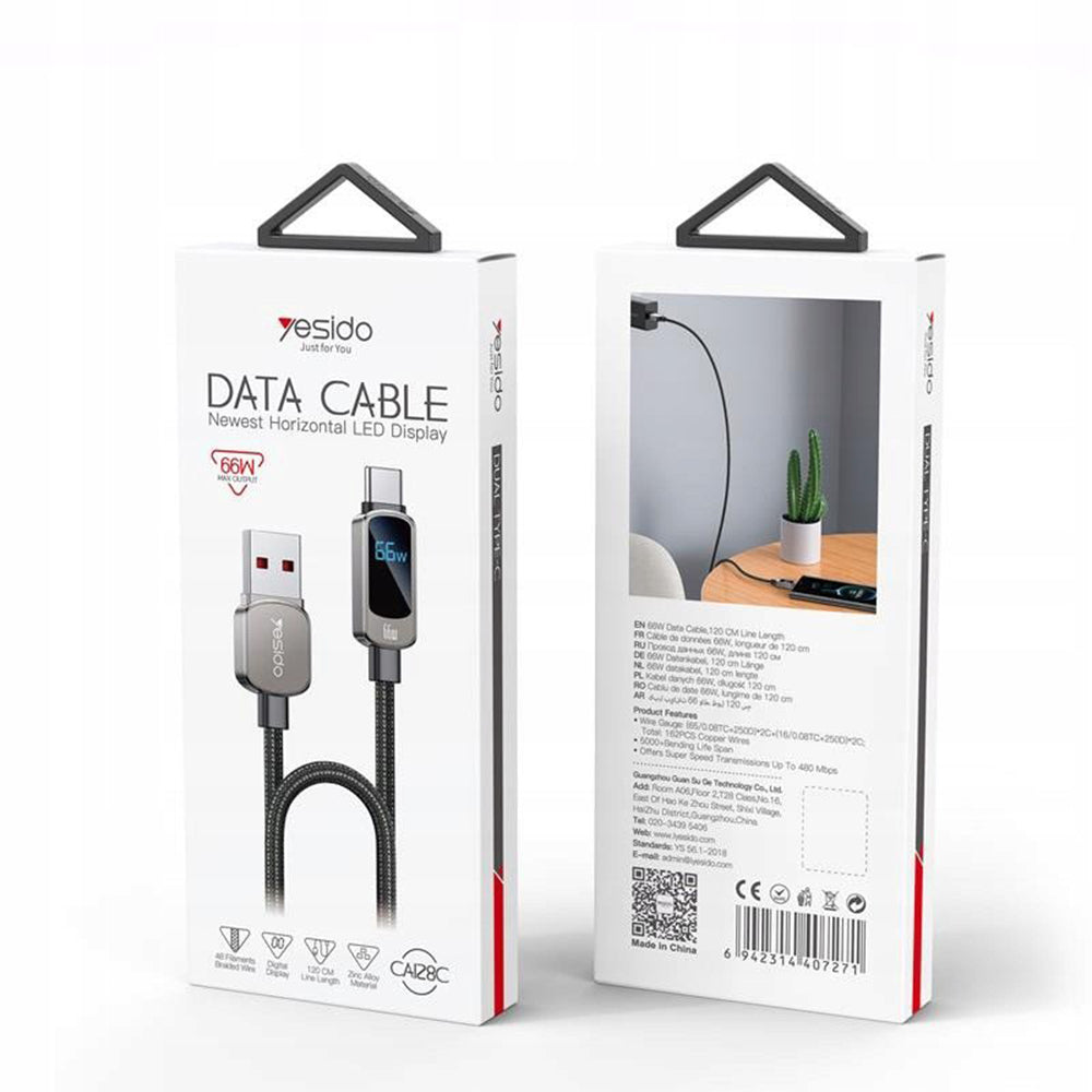 USB-A til USB-C data- og ladekabel Yesido CA128C Display, 66W, 1.2m, Svart