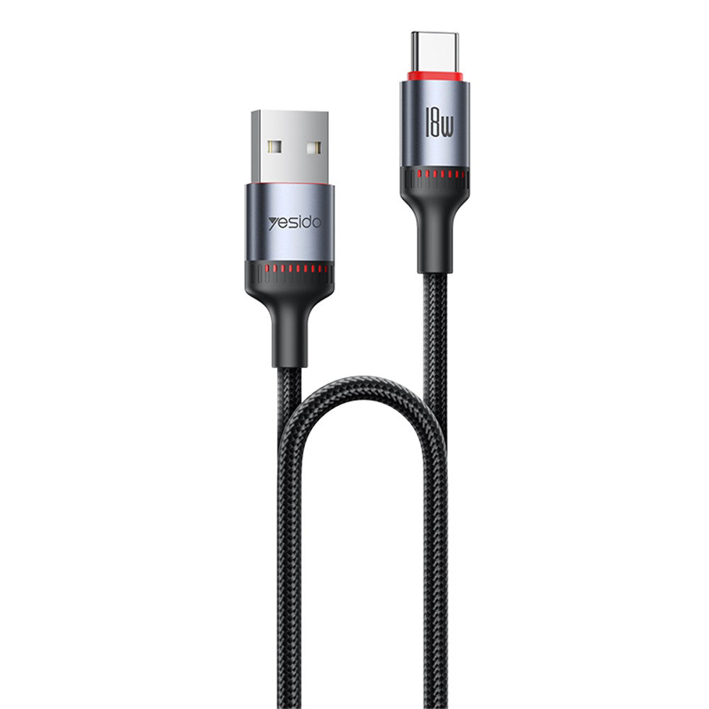 USB-A til USB-C data- og ladekabel Yesido CA129C, 18W, 1.2m, Svart