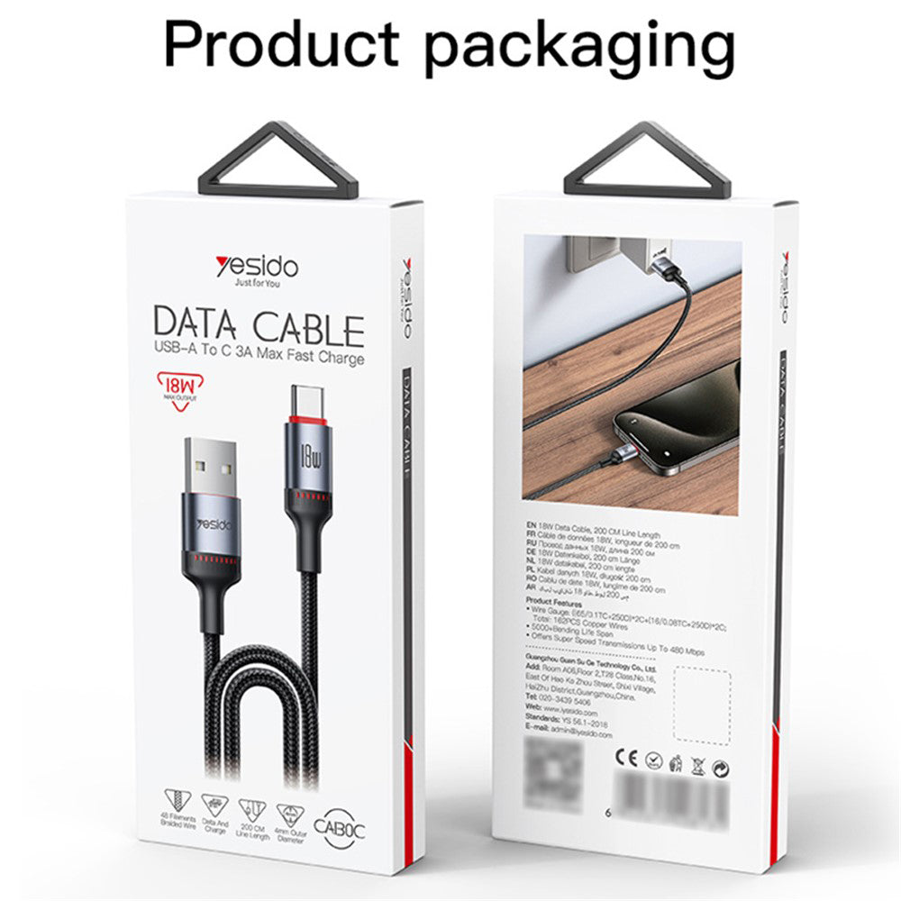 USB-A til USB-C data- og ladekabel Yesido CA130C, 18W, 2m, Svart