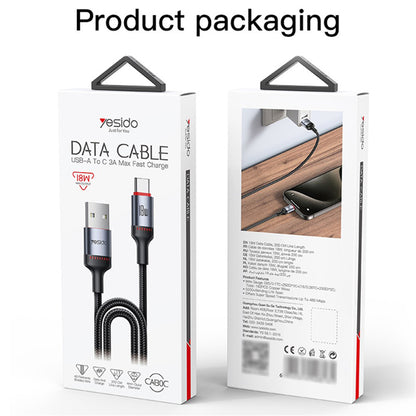 USB-A til USB-C data- og ladekabel Yesido CA130C, 18W, 2m, Svart