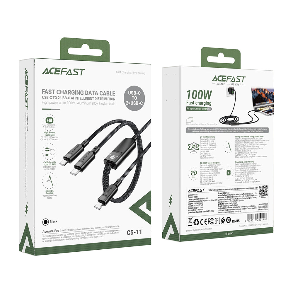 USB-C data- og ladekabel - 2 x USB-C Acefast C5-11, 100W, 1.2m, Svart