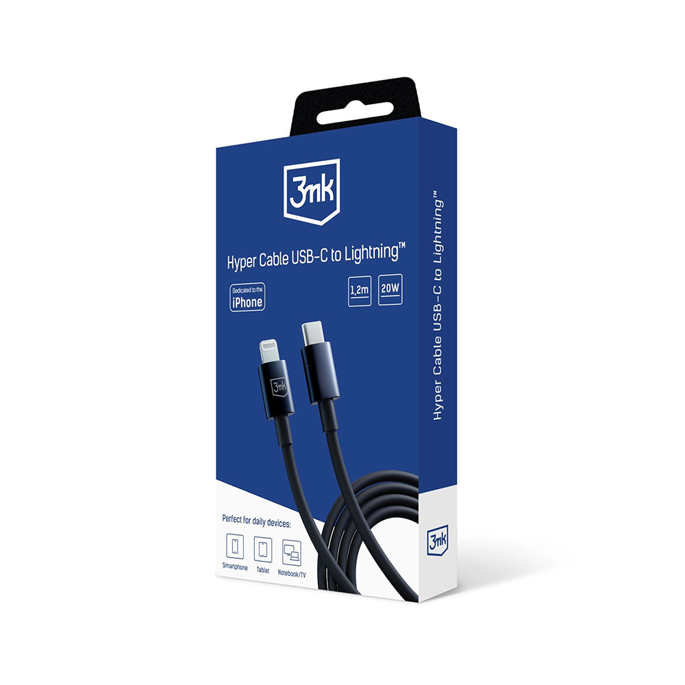 USB-C - Lightning 3MK Hyper data- og ladekabel, 20W, 1.2m, Svart