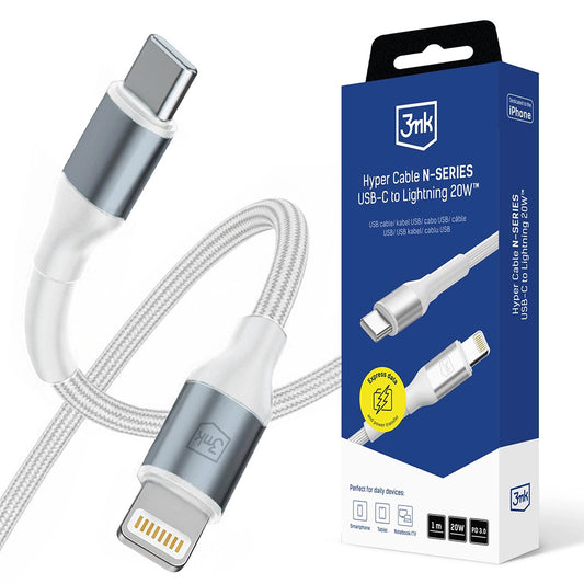 USB-C - Lightning 3MK Hyper N data- og ladekabel, 20W, 1m, Hvit