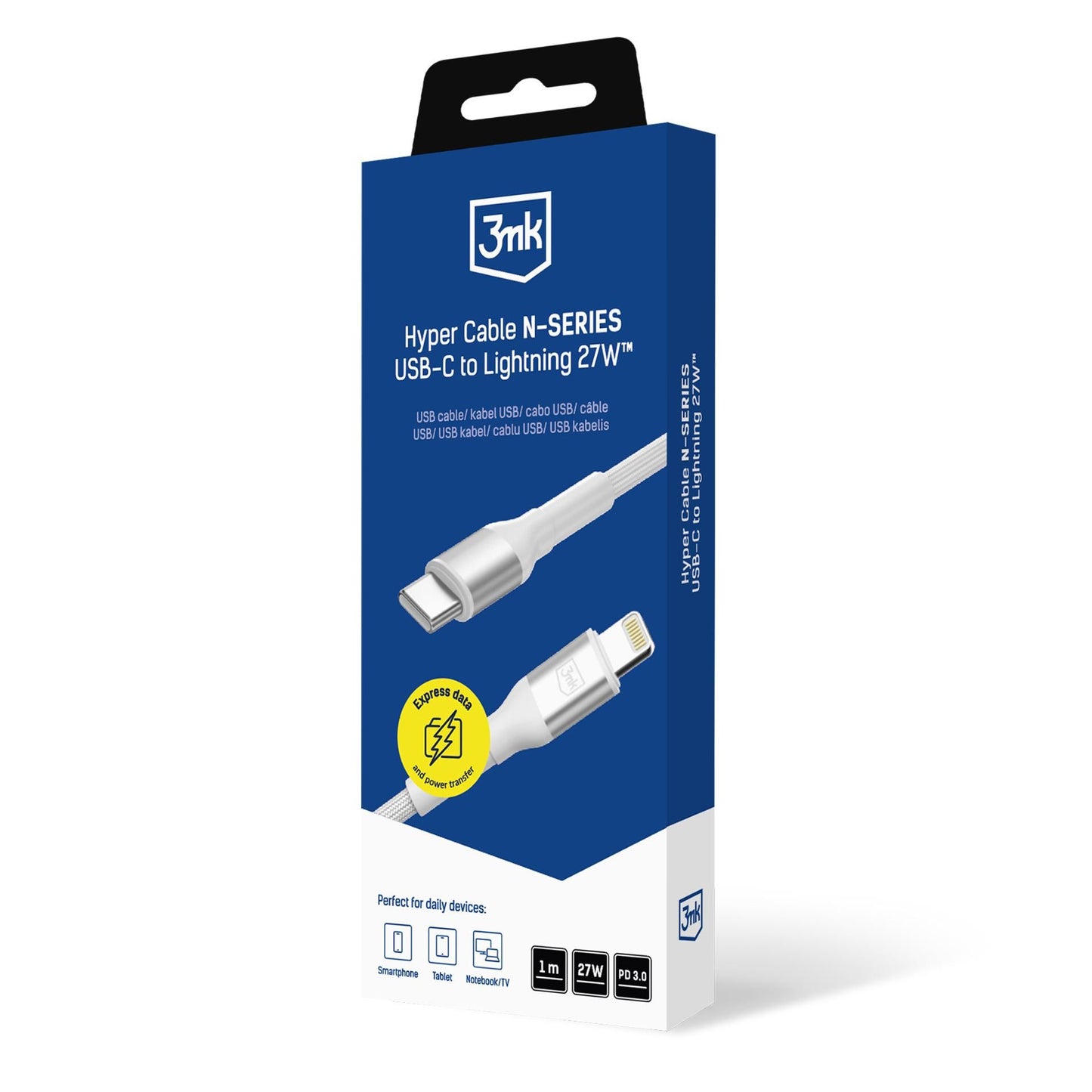USB-C til Lightning data- og ladekabel 3MK Hyper N, 27W, 1m, hvit
