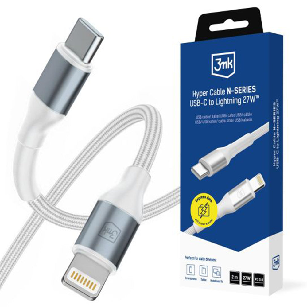USB-C til Lightning data- og ladekabel 3MK Hyper N, 27W, 2m, hvit