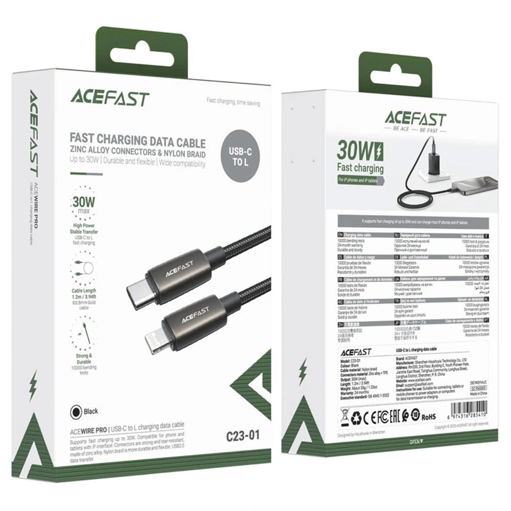 USB-C - Lightning data- og ladekabel Acefast C23-01, 30W, 1.2m, Svart