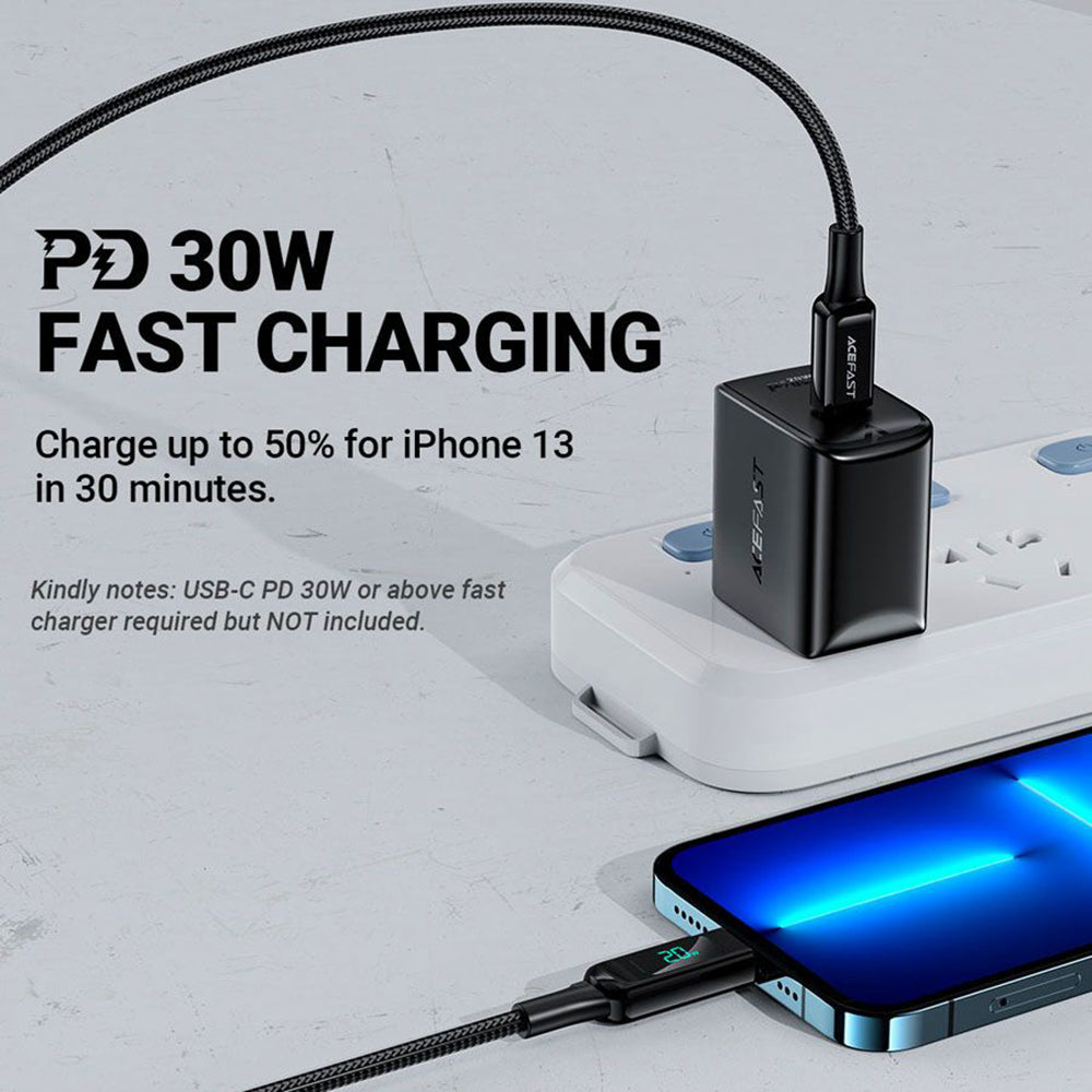USB-C - Lightning Data- og Ladekabel Acefast C6-01 Display, 20W, 1.2m, Svart