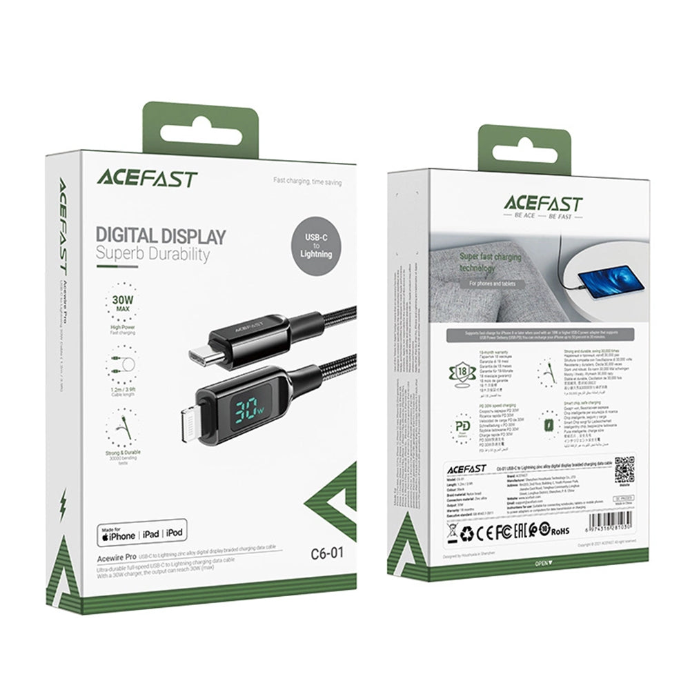 USB-C - Lightning Data- og Ladekabel Acefast C6-01 Display, 20W, 1.2m, Svart